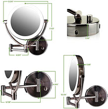 Load image into Gallery viewer, Ovente 7.5" Lighted Wall Mount Makeup Mirror, 1X & 10X Magnifier, Spinning Double Sided Round LED w/ Dimmer Switch, Extend, Retractable & Folding Arm, Battery USB Powered Antique Brass MLW75AB1X10X