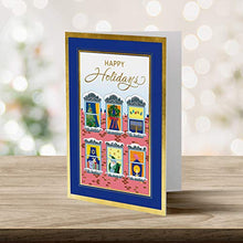 Load image into Gallery viewer, Designer Greetings Interfaith Boxed Christmas Cards, Apartment Windows with Christmas and Hanukkah Holiday Symbols (Box of 18 Gold Foil Embossed Cards with Envelopes)