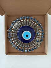 Load image into Gallery viewer, Erbulus Large Glass Flower Design Turkish Blue Evil Eye Wall Hanging – Turkish Nazar Bead - Home Protection Charm with Hamsa Keychain - Wall Decor Amulet in a Box