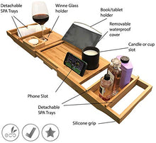 Load image into Gallery viewer, Luxury Bath Caddy Tray for Tub | Bath Table | Premium Bamboo Bathtub Tray for Tub | Fits All Bath Accessories Wine Glass, Books, Tablets, Cellphones, Shampoo, Soap | Bath Shelf Foldable Design