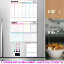 Load image into Gallery viewer, STYLIO Dry Erase Calendar Whiteboard. Set of 3 Magnetic Calendars for Refrigerator: Monthly, Weekly Organizer & Daily Notepad. Wall & Fridge Family Calendar. 4 Fine Point Markers & Eraser Included
