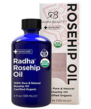 Load image into Gallery viewer, Radha Beauty Rosehip Oil USDA Certified Organic, 4 oz. - 100% Pure & Cold Pressed. All Natural Anti-Aging Moisturizing Treatment for Face, Hair, Skin & Nails, Acne Scars, Wrinkles, Dry Spots