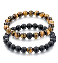 Load image into Gallery viewer, Long Way 2 pcs Black Matte Agate & Tiger Eye Gem Beads 8mm Double Matching Distance Bracelets 7.5" Z & 7.9"