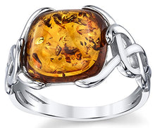 Load image into Gallery viewer, Sterling Silver Baltic Amber Irish Celtic Design Ring with Cognac Color Large Cushion Shape Stone 7