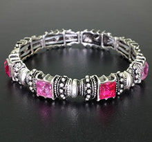 Load image into Gallery viewer, Falari Vintage Acrylic Crystal Antique Silver Stretch Bracelet Fuchsia & Pink B0002-03
