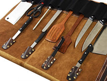 Load image into Gallery viewer, Personalized Leather Knife Roll Storage Bag | Elastic and Expandable 10 Pockets | Adjustable/Detachable Shoulder Strap | Travel-Friendly Chef Knife Case Roll By Aaron Leather Goods