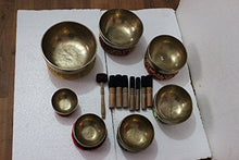 Load image into Gallery viewer, Chakra Healing Tibetan Singing Bowls Set of 7 pieces ~ Hand Hammered Himalayan Meditation Bowls ~ 5"-10" ~ included 7 Mallets, 7 cushions & 1 drum stick. Handmade in Nepal by Thamelmart