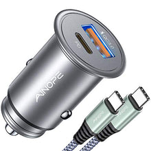 Load image into Gallery viewer, USB C Car Charger Super Mini AINOPE All Metal 36W Fast USB Car Charger PD&QC 3.0 Dual Port Car Adapter Compatible with iPhone 12/12 Pro/Max/Mini/iPhone 11/Pro/Max/XR/XS/Max/8, Galaxy S21/20/10-Silver