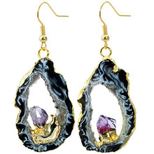 Load image into Gallery viewer, SUNYIK Natural Agate Geode Slice Quartz Druzy Dangle Earrings,with Amethyst Crystal,Gold Plated Drop Earring