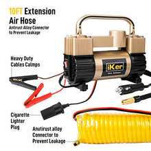Load image into Gallery viewer, iKer Portable Air Compressor Pump Heavy Duty Tire Inflator for Car,Truck,SUV Tires,12V 70L/Min Double Cylinders Metal Air Pump 150PSI with Battery Clamp,11.5ft Extension Air Hose and Tire Repair Kit