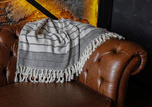 Load image into Gallery viewer, LUXURY Throw Blanket Decorative LightWeight With Fringe 100% COTTON |40”x71”| For Chair Couch, Boho Farmhouse Rustic Decor Turkish Towel + Evil Eye Beach Bath Spa Gym Yoga Picnic| (Black White)