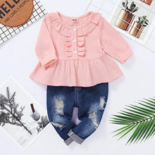 Load image into Gallery viewer, 2T Girls Clothes Kids Toddler Girl Outfits Linen Long Sleeve Ruffle Shirt Blue Ripped Denim Jeans Pants Set Cute Clothes for Girl 2 3Yr Old