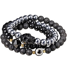Load image into Gallery viewer, XHUUU Black Obsidian / Terahertz / Lava Stone Beaded Wrap Couples Bracelets for Men and Women Small Skull Statue Evil Eye Bracelet Essential Oil Diffuser Bracelet