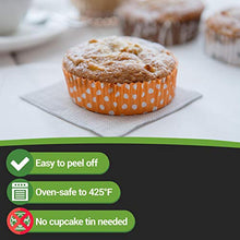 Load image into Gallery viewer, Panificio Premium 3.5 Inch, 4 Ounce Baking Cups: Regular-Ridged Round Paper Baking Cups Perfect for Muffins, Cupcakes or Mini Snacks - Hot Orange Polka Dot Print Design - Disposable - 200ct Box