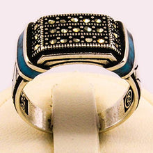 Load image into Gallery viewer, Solid 925 Sterling Silver Rings for Men Turkish Handmade Simulated Turquoise on Band Luxury Design Premium Quality (11.25)