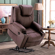 Load image into Gallery viewer, Mcombo Electric Power Lift Recliner Chair Sofa with Massage and Heat for Elderly, 3 Positions, 2 Side Pockets and Cup Holders, USB Ports, Faux Leather 7040 (Medium, Light Brown)