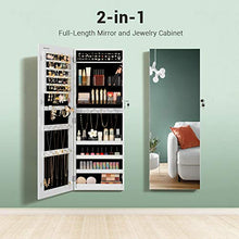 Load image into Gallery viewer, SONGMICS Jewelry Cabinet Armoire, Lockable Wall-Mounted Storage Organizer Unit with 2 Plastic Cosmetic Storage Trays, Full-Length Frameless Mirror, for Necklace Earring, White UJJC001W01