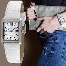 Load image into Gallery viewer, Peugeot Women's Silver-Tone Tank Shape Leather Dress Watch with Roman Numerals, White
