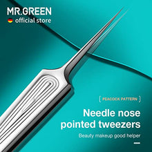 Load image into Gallery viewer, MR.GREEN Ingrown Hair Tweezers Needle Nose Pointed Tips Tweezers For Eyebrows Splinters Blackhead Removal Acne Clip Extractor (Long)