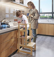 Load image into Gallery viewer, AMBIRD Toddler Step Stool, 3 Adjustable Height Kitchen Step Stool for 18-48 Months Kids, Wooden Toddler Kitchen Stool with Rail & Non-Slip Mat for Kitchen & Bathroom Sink (Natural Color)