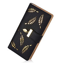 Load image into Gallery viewer, Women's Long Leaf Bifold Wallet Leather Card Holder Purse Zipper Buckle Elegant Clutch Wallet Handbag, Black, One Size