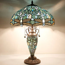 Load image into Gallery viewer, Tiffany Lamp 24 Inch Tall 3 Light Pull Chain Sea Blue Stained Glass Dragonfly Style Lampshade Beside Desk Table Lamp Antique Night Light Base for Living Room Coffee Table Bedroom S147 WERFACTORY