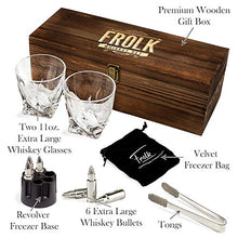 Load image into Gallery viewer, Whiskey Bullet Stones Premium Gift Set By Frolk, Set Of 6 Extra Large Stainless Steel Whiskey Stones, 2 Large Twisted Whiskey Glasses (11 oz), Freezer Base, Velvet Pouch & Tongs In Novelty Wooden Box