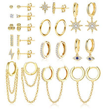 Load image into Gallery viewer, IRONBOX 12Pairs Dangle Hoop Earrings Evil Eye Earrings Starburst Earrings Gold Chain Earrings Mini Hoop Ball Bar Studs Set for Women