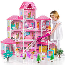 Load image into Gallery viewer, TEMI Doll House Dreamhouse for Girls - 4-Story 12 Rooms Playhouse with 2 Dolls Toy Figures, Fully Furnished Fashion Dollhouse, Pretend Play House with Accessories, Gift Toy for Kids Ages 3 4 5 6 7 8+