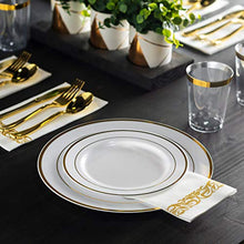 Load image into Gallery viewer, 100 Piece Plastic Party Plates White Gold Rim, 50 Premium Heavy Duty 10.25 Inch Dinner Plates and 50 Disposable 7.5 Inch Dessert Appetizer Elegant Fancy Heavy Duty Wedding Plates