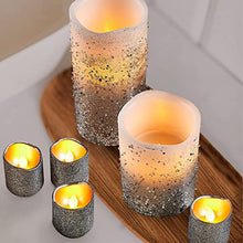 Load image into Gallery viewer, Furora LIGHTING Silver Glitter Flameless Candles Battery Operated, Remote Controlled Pillar Candles and Votive Candles Bundle with 4 Pack Silver Taper Candles with Timer for Christmas Table Decoration