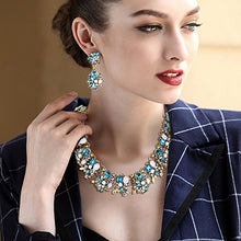 Load image into Gallery viewer, BriLove Statement Necklace Earrings Set for Women Tribal Ethnic Crystal Mix-Shape Cluster Statement Necklace Dangle Earrings Jewelry Set Aquamarine Color Antique-Gold-Toned