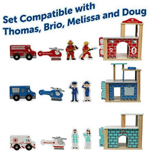 Load image into Gallery viewer, On Track USA Wooden Train Track Accessories Set for Toddler Kids, 15 Piece Set Including Police Station, Fire Station, Hospital, Helicopters, Rescue Vehicles, Emergency Responders