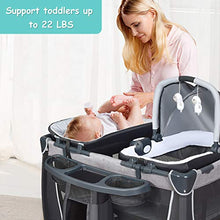 Load image into Gallery viewer, BABY JOY 4 in 1 Portable Baby Playard with Bassinet, Changing Table, Foldable Bassinet Bed & Activity Center, Newborn Napper with Toys & Music, Large Capacity Storage Shelf, Oxford Carry Bag (Grey)