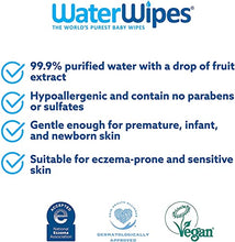 Load image into Gallery viewer, WaterWipes Original Baby Wipes, 99.9% Water, Unscented & Hypoallergenic for Sensitive Newborn Skin, 3 Packs (180 Count)