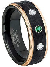 Load image into Gallery viewer, Black & Rose Gold IP Hammered Tungsten Carbide Mens Wedding Band with 0.21ctw / 0.30ctw Emerald & Diamond Birthstone 3-Stone Tungsten Ring - Comfort Fit Tungsten Anniversary Ring - 1EDWD