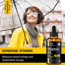 Load image into Gallery viewer, Vitamin D3 10000 IU Drops - Extra Strength Vitamin D Drops - Made in USA - High Dose D3 Vitamin - Natural Vegan Vitamin D3 - The Sunshine Vitamin D3 Drops - Non-GMO, Gluten Free VIT D3 - 2 Fl Oz