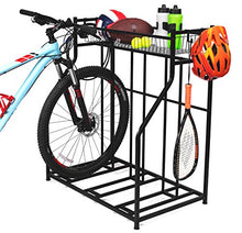 Load image into Gallery viewer, BirdRock Home 3 Bike Stand Rack with Storage – Metal Floor Bicycle Nook – Great for Parking Road, Mountain, Hybrid or Kids Bikes – Garage Organizer - Helmet - Sports Storage Station - Black