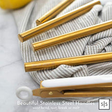 Load image into Gallery viewer, White Silicone and Gold Cooking Utensils for Modern Cooking and Serving, Stainless Steel Gold Serving Utensils - Spatulas for Non Stick Cookware
