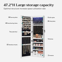 Load image into Gallery viewer, SONGMICS 6 LEDs Mirror Jewelry Cabinet, 47.2"H Lockable Wall/Door Mounted Jewelry Armoire Organizer with Mirror, 2 Drawers, White UJJC93W