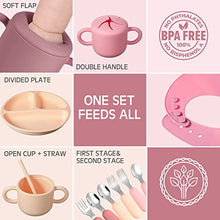 Load image into Gallery viewer, 24 Pack Silicone Baby Feeding Set Baby Led Weaning Supplies Includes Suction Divided Plates Soft Bowl Spoons Forks Adjustable Bib Snack Cup and Straws for Baby Eating (Pink, Dark Pink, Nude)