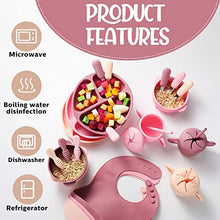 Load image into Gallery viewer, 24 Pack Silicone Baby Feeding Set Baby Led Weaning Supplies Includes Suction Divided Plates Soft Bowl Spoons Forks Adjustable Bib Snack Cup and Straws for Baby Eating (Pink, Dark Pink, Nude)