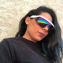 Load image into Gallery viewer, Large Wrap Around Rainbow Mirrored Semi Rimless Flat Top Shield Goggles Sunglasses (Black Green Frame | Rainbow Mirror)