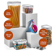 Load image into Gallery viewer, 24 Pack Airtight Food Storage Container Set - BPA Free Clear Plastic Kitchen and Pantry Organization Canisters with Durable Lids for Cereal, Dry Food Flour & Sugar - Labels, Marker & Spoon Set