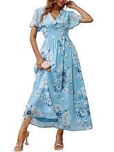 Load image into Gallery viewer, Simplee Women Boho Floral Maxi Dress Flowy Casual V Neck Short Sleeve Wedding Guest Holiday Beach Long Dress (S Light Blue)