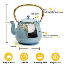 Load image into Gallery viewer, Teapot, TOPTIER Japanese Cast Iron Tea Kettle with Stainless Steel Infuser, Cast Iron Teapot Stovetop Safe, Leaf Design Teapot Coated with Enameled Interior for 32 Ounce (950 ml), Turquoise Blue