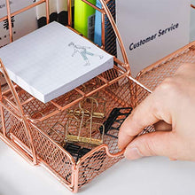 Load image into Gallery viewer, Yarlung Mesh Rose Gold Desk Organizer with 5 Compartments and Sliding Drawer, Multifunctional Office Supplies Holder, Desk Accessories Collection for Women and Men