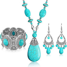 Load image into Gallery viewer, Hicarer 3 Pieces Bohemian Turquoise Set Turquoise Pendant Necklace, Vintage Turquoise Dangle Earrings, Stretchable Turquoise Bracelet for Women Statement Boho Jewelry Set