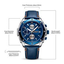 Load image into Gallery viewer, MEGIR Men Business Analogue Quartz Watch with Fashion Blue Leather Strap Chronograph Luminous Auto Calendar for Sport & Work 2074 Blue
