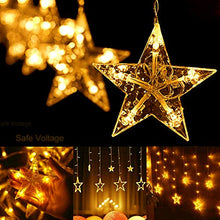 Load image into Gallery viewer, Quntis LED 12 Stars Curtain Lights - 138 LEDs Window Icicle Christmas Lights 8 Modes Decorative Backdrop Fairy String Lights for Outdoor Indoor Home Bedroom Wedding Party Holiday Wall, Warm White